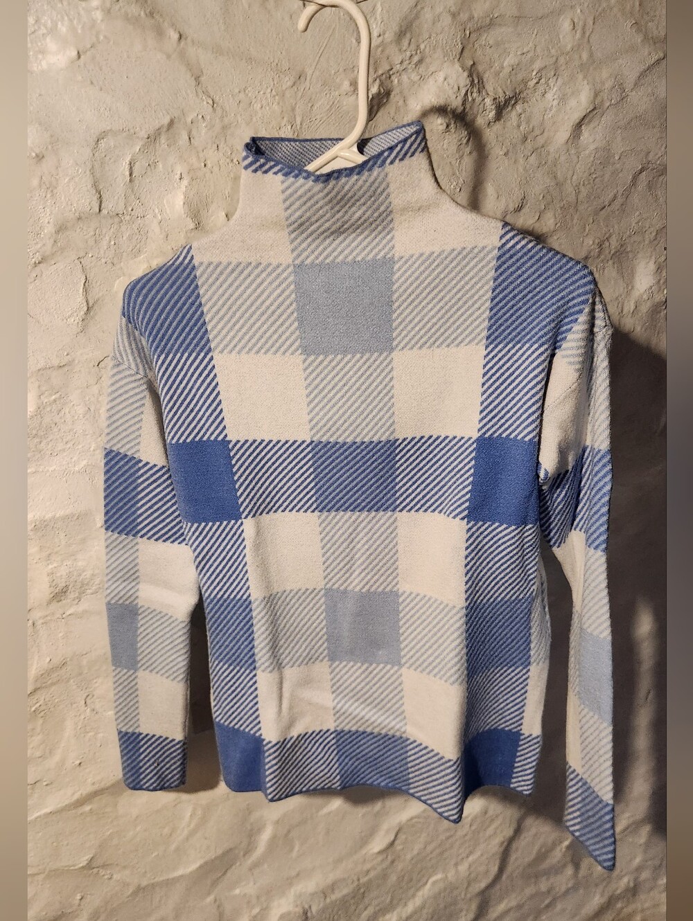 Tahari Blue White Plaid Mock Neck Sweater Knit Top Preppy Coastal Grandmother XS